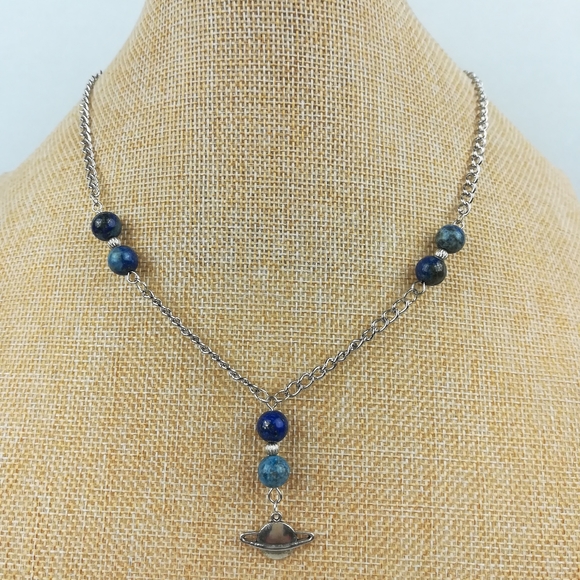 Hand Crafted Jewelry - Lapis Lazuli Planet necklace space theme blue